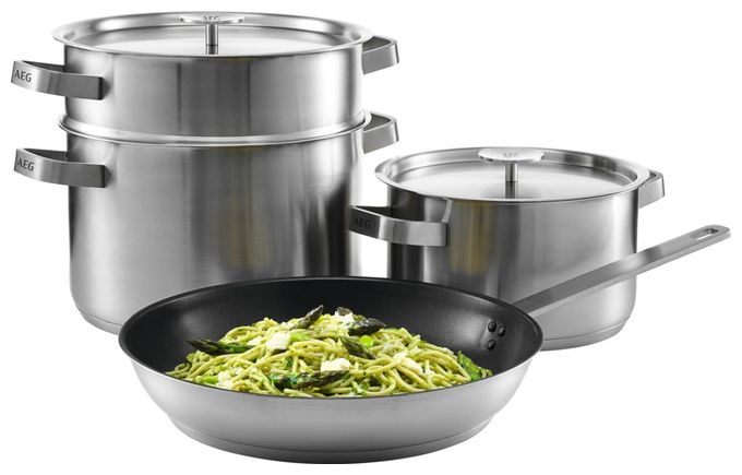 (Schwarz, Edelstahl) A4SS Kochgeschirr-Set aus Fettpfanne 28 cm + 2 Töpfen 20 cm und 24 cm + Edelstahlsieb 