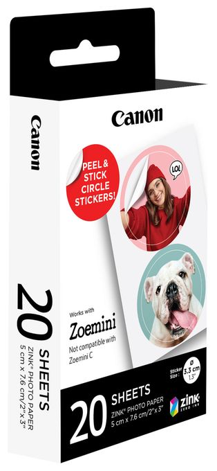 ZINK™ Fotopapier mit vorgestanzten runden Stickern mit 33 mm Durchmesser, 20 Blatt 