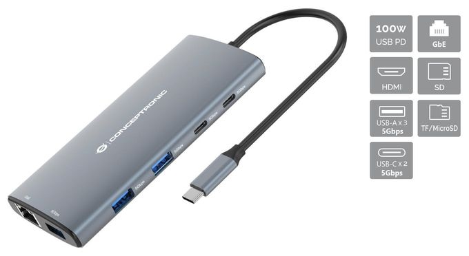 DONN06G 10-in-1 USB 3.2 Gen 1 Dockingstation, HDMI, 100W USB PD, USB-C 5Gbps x 2, USB-A 5Gbps x 3, SD, TF/MicroSD, GbE 