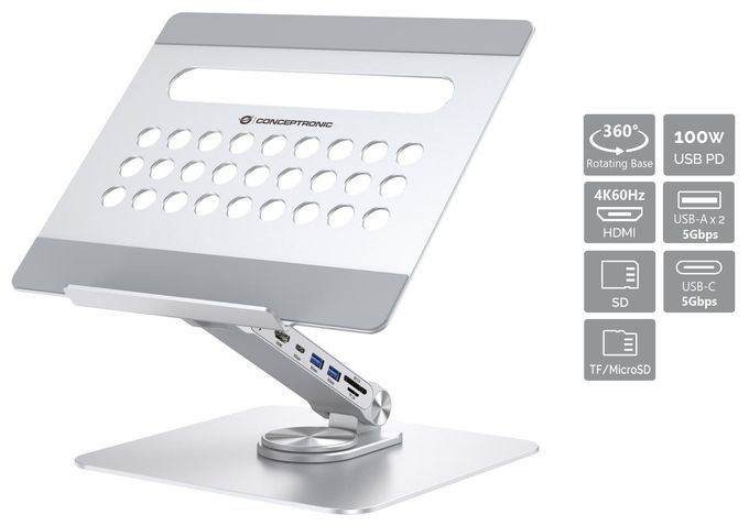 DONN27G Laptop-Ständer mit 7-in-1-Dockingstation, 360° drehbare Basis, faltbar, höhenverstellbar 