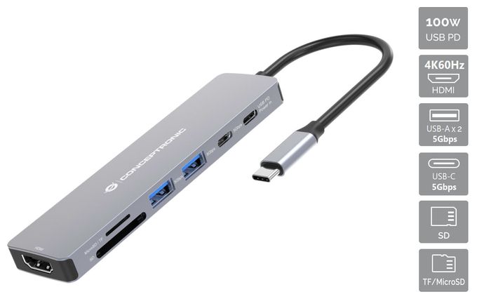 DONN28G 7-in-1 USB 3.2 Gen 1 Dockingstation, 4K60Hz HDMI, USB-A 5Gbps x 2, USB-C 5Gbps, SD, TF/MicroSD, 100W USB PD 