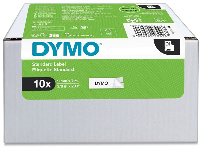 DYMO Original D1-Etikettenband | schwarz auf weiß | 9 mm x 7 m | selbstklebendes Schriftband | für LabelManager-Beschriftungsgerät | 10 D1 Etikettenkassetten 