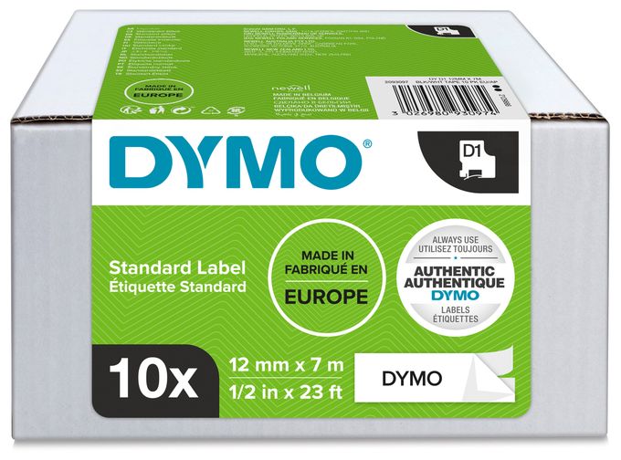 DYMO Original D1-Etikettenband | schwarz auf weiß | 12 mm x 7 m | selbstklebendes Schriftband | für LabelManager-Beschriftungsgerät | 10 Etikettenkassetten 