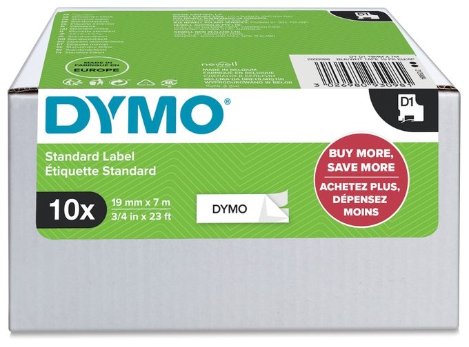 DYMO Original D1-Etikettenband | schwarz auf weiß | 19 mm x 7 m | selbstklebendes Schriftband | für LabelManager-Beschriftungsgerät | 10 D1 Etikettenkassetten 