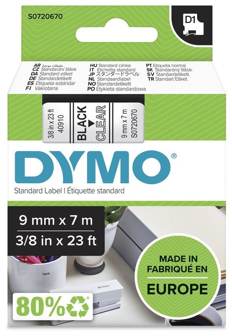 DYMO Original D1-Etikettenband | schwarz auf transparent | 9 mm x 7 m | selbstklebendes Etikettenband | für LabelManager-Beschriftungsgerät 