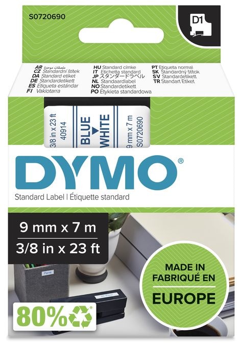 DYMO Original D1-Etikettenband | blau auf weiß | 9 mm x 7 m | selbstklebendes Schriftband | für LabelManager-Beschriftungsgerät 