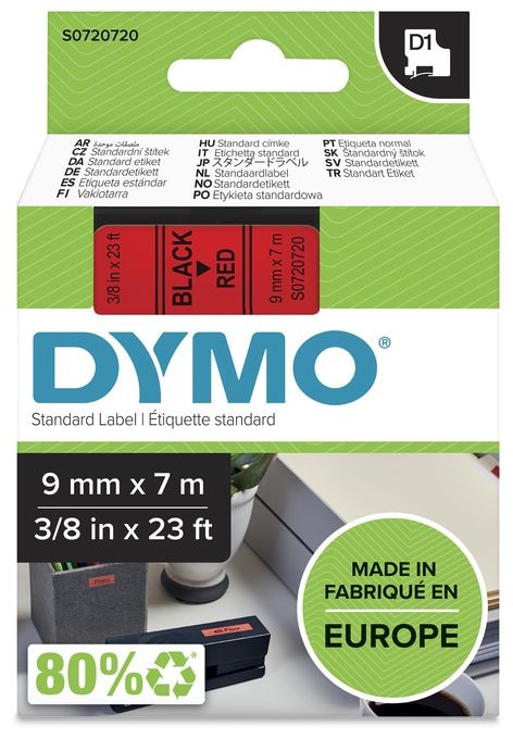 DYMO Original D1-Etikettenband | schwarz auf rot | 9 mm x 7 m | selbstklebendes Schriftband | für LabelManager-Beschriftungsgerät 