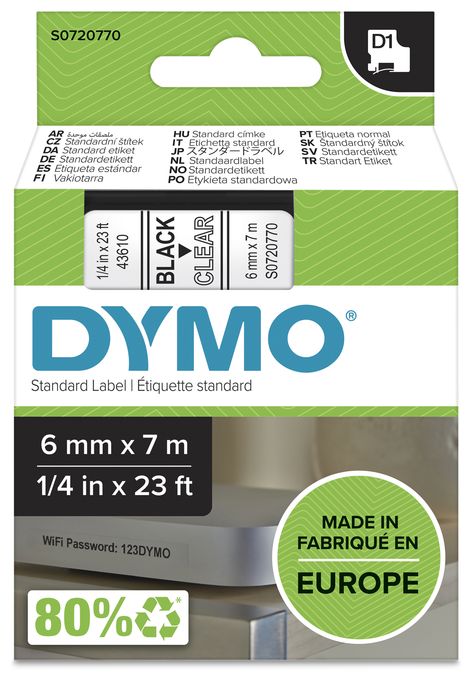 DYMO Original D1-Etikettenband | schwarz auf transparent | 6 mm x 7 m | selbstklebendes Schriftband | für LabelManager-Beschriftungsgerät 