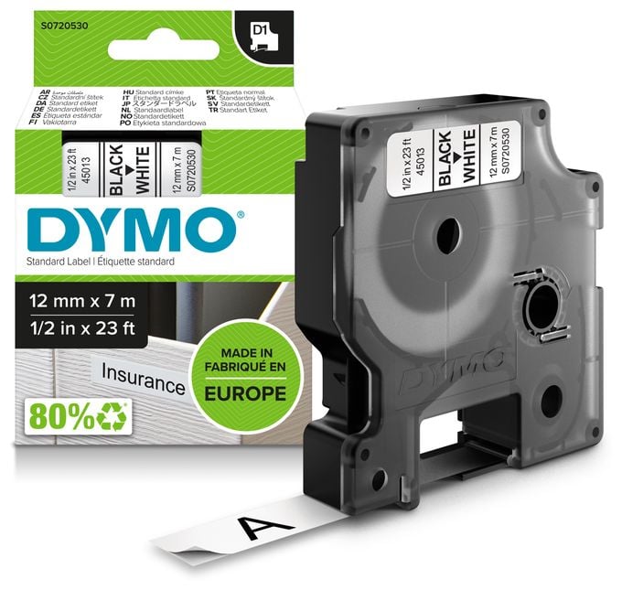 DYMO Original D1-Etikettenband | schwarz auf weiß | 12 mm x 7 m | selbstklebendes Schriftband| für LabelManager-Beschriftungsgerät 