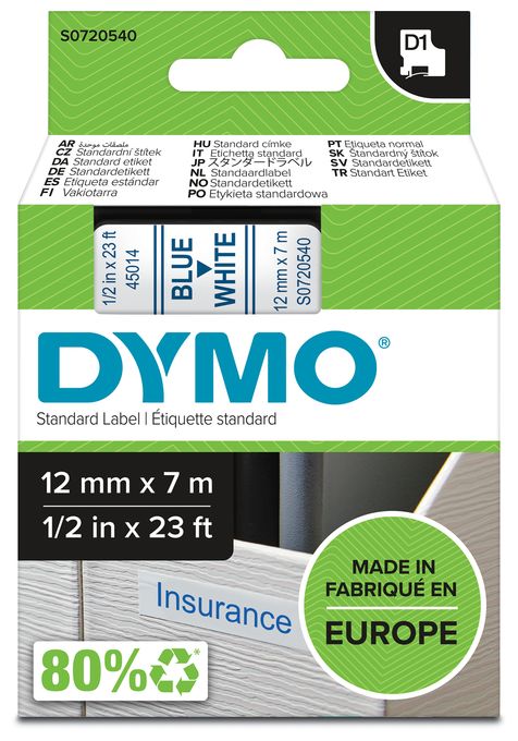 DYMO Original D1-Etikettenband | blau auf weiß | 12 mm x 7 m | selbstklebendes Schriftband | für LabelManager-Beschriftungsgerät 