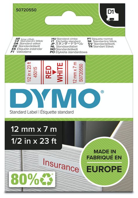 DYMO Original D1-Etikettenband | rot auf weiß | 12 mm x 7 m | selbstklebendes Schriftband | für LabelManager-Beschriftungsgerät 