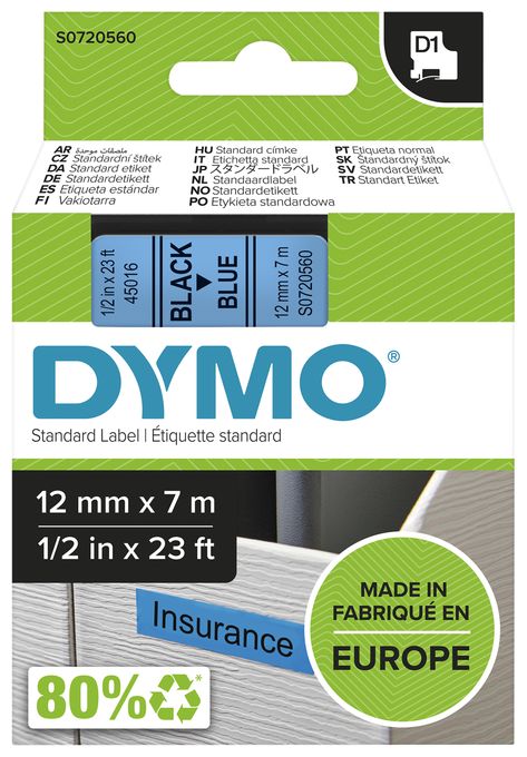 DYMO Original D1-Etikettenband | schwarz auf blau | 12 mm x 7 m | selbstklebendes Schriftband | für LabelManager-Beschriftungsgerät 