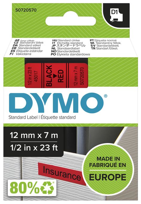 DYMO Original D1-Etikettenband | schwarz auf rot | 12 mm x 7 m | selbstklebendes Schriftband | für LabelManager-Beschriftungsgerät 