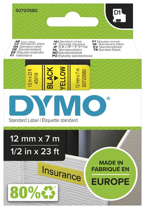 DYMO Original D1-Etikettenband | schwarz auf gelb | 12 mm x 7 m | selbstklebendes Schriftband | für LabelManager-Beschriftungsgerät 