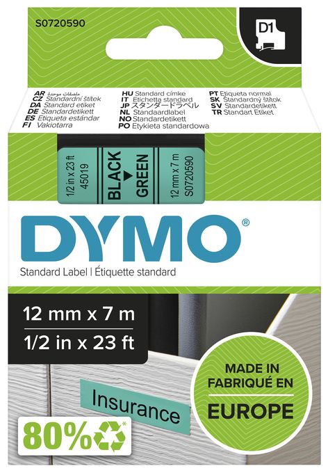 DYMO Original D1-Etikettenband | schwarz auf grün | 12 mm x 7 m | selbstklebendes Schriftband | für LabelManager-Beschriftungsgerät 