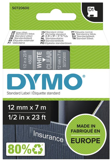 DYMO Original D1-Etikettenband | weiß auf transparent | 12 mm x 7 m | selbstklebendes Schriftband | für LabelManager-Beschriftungsgerät 