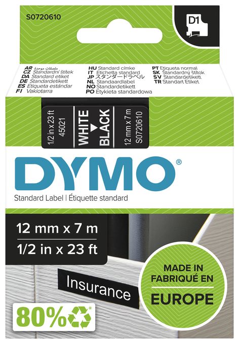 DYMO Original D1-Etikettenband | weiß auf schwarz | 12 mm x 7 m | selbstklebendes Schriftband | für LabelManager-Beschriftungsgerät 
