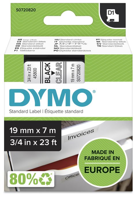 DYMO Original D1-Etikettenband | schwarz auf transparent | 19 mm x 7 m | selbstklebendes Schriftband | für LabelManager-Beschriftungsgerät 
