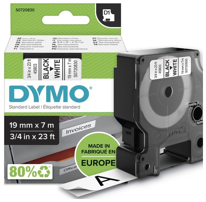 DYMO Original D1-Etikettenband | schwarz auf weiß | 19 mm x 7 m | selbstklebendes Schriftband | für LabelManager-Beschriftungsgerät 