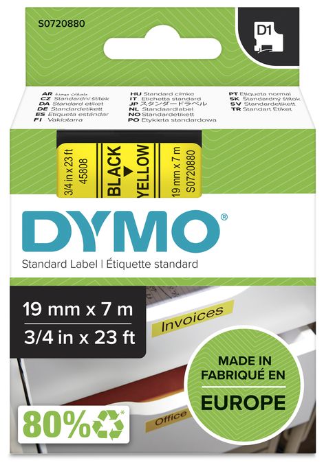 DYMO Original D1-Etikettenband | schwarz auf gelb | 19 mm x 7 m | selbstklebendes Schriftband | für LabelManager-Beschriftungsgerät 