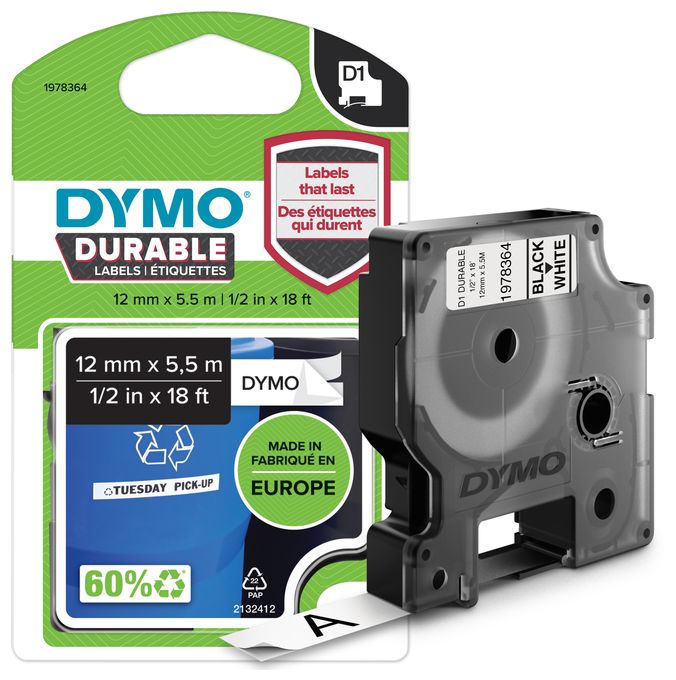 DYMO Original D1 Hochleistungs-Etikettenband | schwarz auf weiß | 12 mm x 5,5 m | permanent haftendes Vinyl- Schriftband | für LabelManager-Beschriftungsgerät 