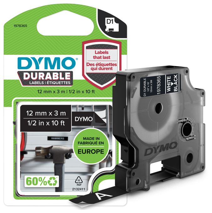 DYMO Original D1 Hochleistungs-Etikettenband | weiß auf schwarz | 12 mm x 3 m | permanent haftendes Vinyl- Schriftband | für LabelManager-Beschriftungsgerät 