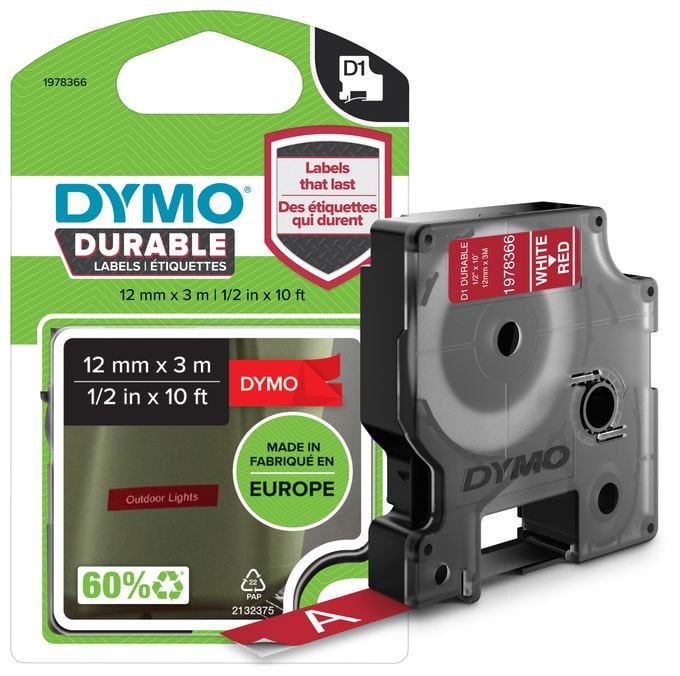 DYMO Original D1 Hochleistungs-Etikettenband | weiß auf rot | 12 mm x 3 m | permanent haftendes Vinyl-Schriftband | für LabelManager-Beschriftungsgerät 