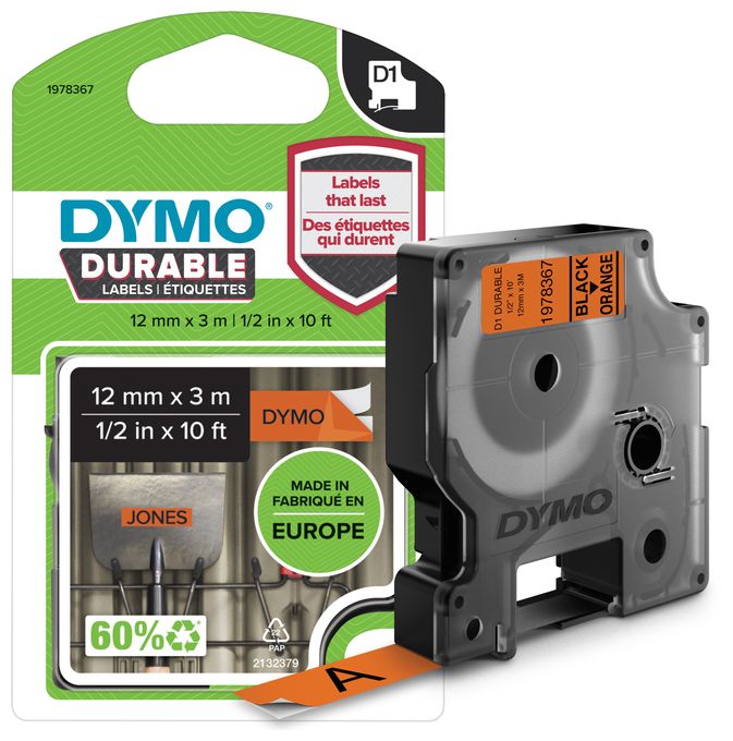 DYMO Original D1 Hochleistungs-Etikettenband | schwarz auf orange | 12 mm x 3 m | permanent haftendes Vinyl- Schriftband | für LabelManager-Beschriftungsgerät 