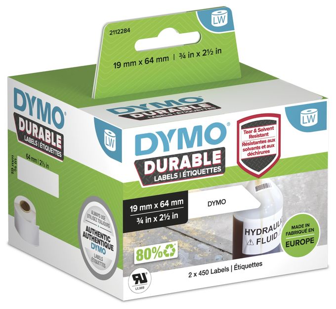 DYMO Original LabelWiter Hochleistungs-Etiketten | 19 mm x 64 mm | weißes Kunststoff-Etikett | Rolle mit 900 Etiketten | für LabelWriter-Beschriftungsgerät 