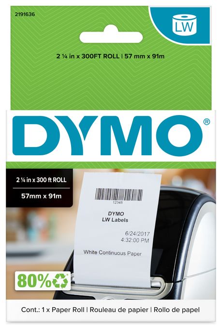 DYMO Original LabelWriter Endlosetiketten | 57 mm x 91 Meter (2 1/4 Zoll x 300 Fuß) | DYMO Etiketten für LabelWriter Etikettendrucker | 1 Rolle 