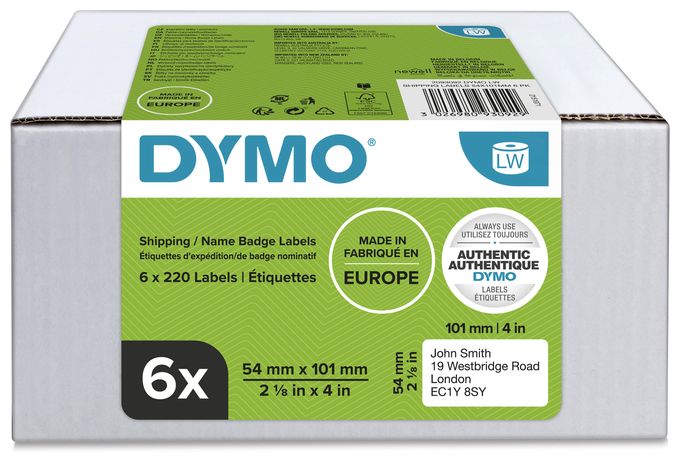 DYMO Original LabelWriter Versandetiketten/-Namensschilder (groß) | 54 mm x 101 mm | 6 Rollen mit je 220 leicht ablösbaren Etiketten (1.320 Etiketten) | für LabelWriter Etikettendrucker 