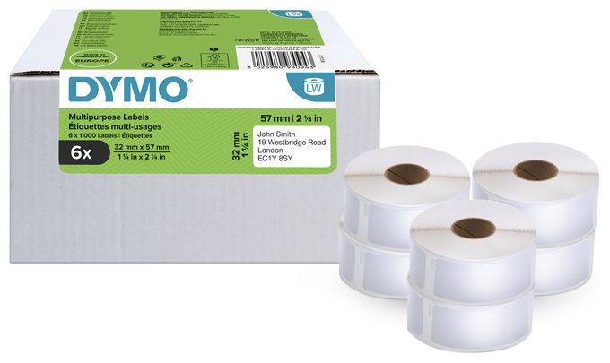 DYMO Original LabelWriter Mehrzwecketiketten | 32 mm x 57 mm | 6 Rollen mit je 1.000 leicht ablösbaren Etiketten (6.000 Etiketten) | selbstklebende Etiketten | für LabelWriter-Beschriftungsgerät 