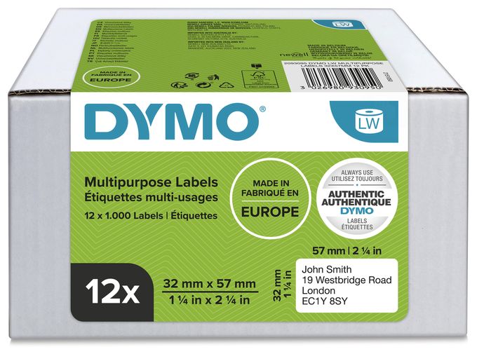 DYMO Original LabelWriter Mehrzwecketiketten | 32 mm x 57 mm | 12 Rollen mit je 1.000 leicht ablösbaren Etiketten (12.000 Etiketten) | selbstklebende Etiketten| für LabelWriter-Beschriftungsgerät 