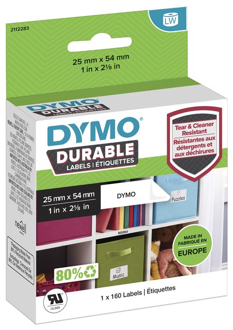 DYMO Original LabelWriter Hochleistungs-Etiketten | 25 mm x 54 mm | weißes Kunststoff-Etikett | Rolle mit 160 Etiketten | für LabelWriter-Beschriftungsgerät 