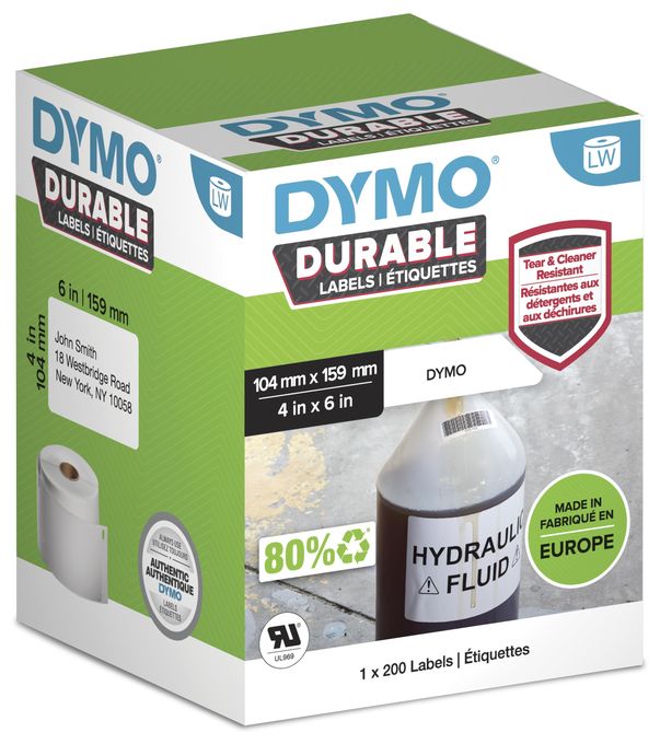 DYMO Original LabelWriter Hochleistungs-Etiketten | 104 mm x 159 mm | weißes Kunststoff-Etikett | Rolle mit 200 Etiketten | für LabelWriter-Beschriftungsgerät 