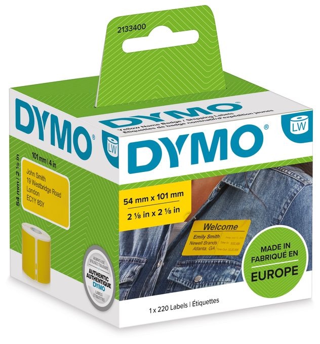 DYMO Original LabelWriter Versandetiketten / Namensschilder (Groß) | Schwarz auf gelb | 54 mm x 101 mm | Selbstklebend | Rolle mit 220 Easy-Peel-Etiketten |für LabelWriter Etikettendrucker 