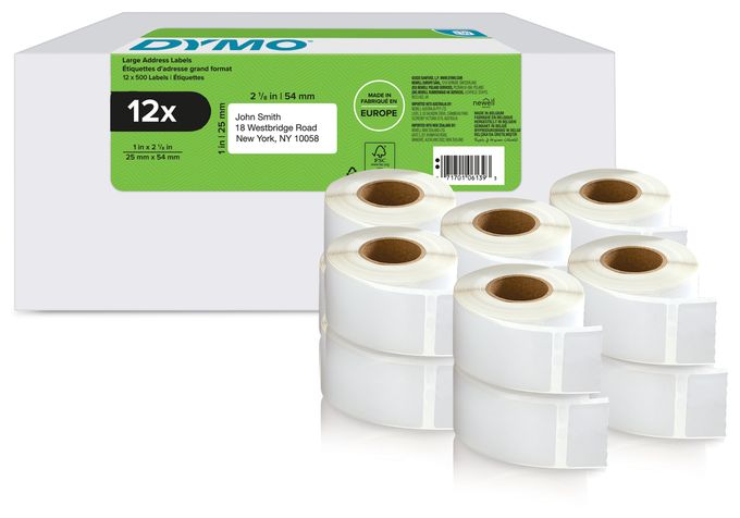 DYMO Original LabelWriter Rücksendeadressetiketten | 25mm x 54mm | 12 Rollen mit je 500 leicht ablösbaren Etiketten (6.000 Stück) | selbstklebend | Beschriftungsgerät für LabelWriter Etikettendrucker 