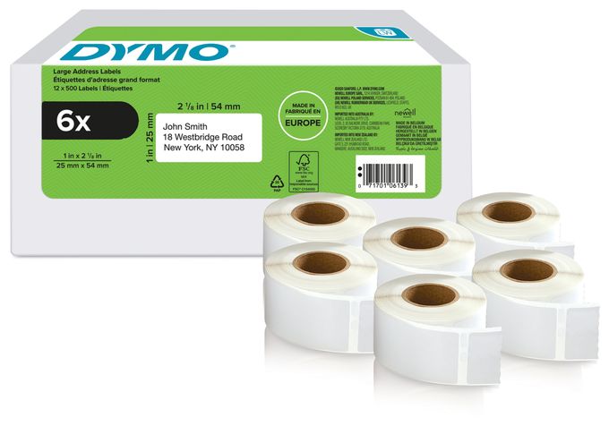 DYMO Original LabelWriter Rücksendeadressetiketten | 25mm x 54mm | 6 Rollen mit je 500 leicht ablösbaren Etiketten (3.000 Stück) | selbstklebend | Beschriftungsgerät für LabelWriter Etikettendrucker 