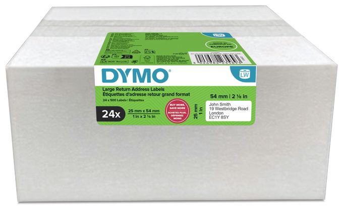 DYMO Original LabelWriter Rücksendeadressetiketten | 25mm x 54mm | 24 Rollen mit je 500 leicht ablösbaren Etiketten (12.000 Stück) | selbstklebend | Beschriftungsgerät für LabelWriter Etikettendrucker 