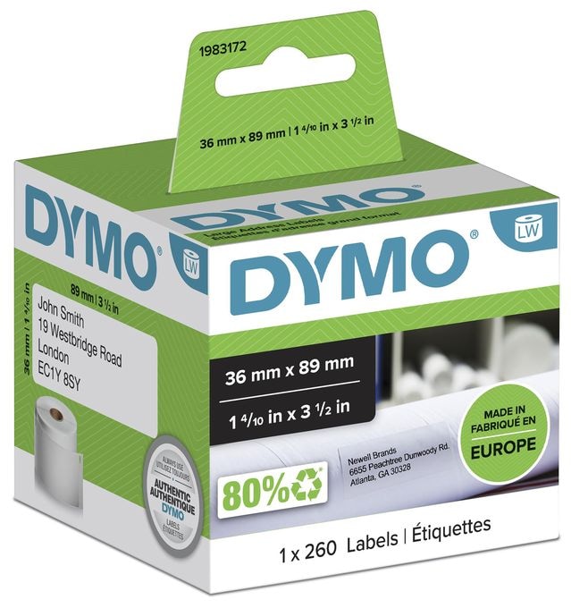 DYMO Original LabelWriter Adressetiketten (Groß) | 36 mm x 89 mm | Rolle mit 260 Etiketten | selbstklebend |für LabelWriter Etikettendrucker und Beschriftungsgerät 