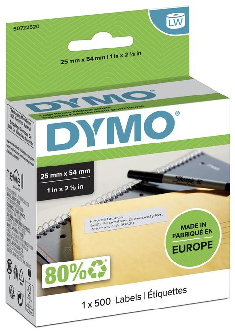DYMO Original LabelWriter Rücksendeadressetiketten | 25 mm x 54 mm | Rolle mit 500 leicht ablösbaren Etiketten | selbstklebend | Beschriftungsgerät für LabelWriter Etikettendrucker 