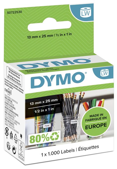 DYMO Original LabelWriter Mehrzwecketiketten (Klein) | 13 mm x 25 mm | Rolle mit 1.000 leicht ablösbaren Etiketten | selbstklebend | für LabelWriter Etikettendrucker und Beschriftungsgerät 