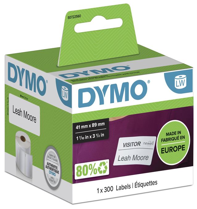 DYMO Original LabelWriter Etiketten für kleine Namensschilder | 41 mm x 89 mm | Rolle mit 300 leicht ablösbaren Etiketten | selbstklebend | für LabelWriter Etikettendrucker und Beschriftungsgerät 