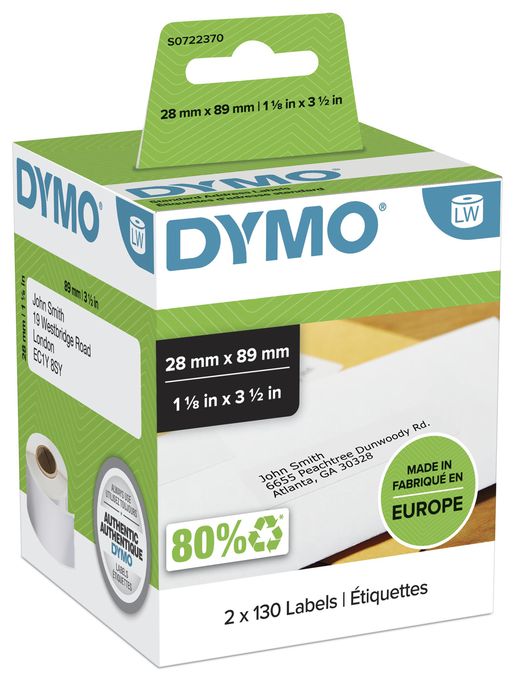 DYMO Original LabelWriter Adressetiketten | 28 mm x 89 mm | schwarz auf weiß | 2 Rollen mit je 130 leicht ablösbaren Etiketten (260 Etiketten) | selbstklebend | für LabelWriter Etikettendrucker 