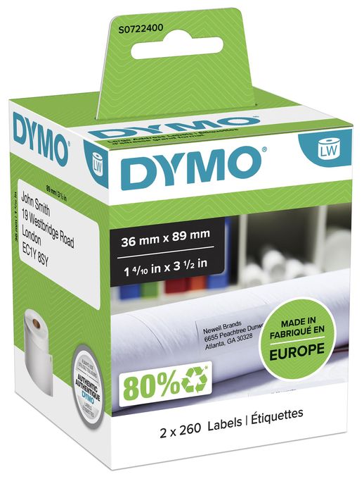 DYMO Original LabelWriter Adressetiketten (Groß) | 36 mm x 89 mm | schwarzer Druck auf weißem Untergrund | 2 Rollen mit je 260 Etiketten (520 Stück) | selbstklebend | für LabelWriter Etikettendrucke 