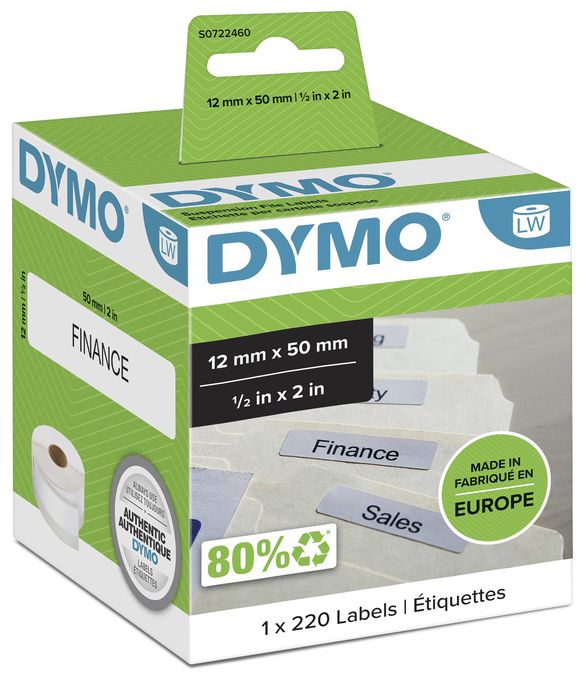 DYMO Original LabelWriter Etiketten für Hängemappen | 12 mm x 50 mm | Rolle mit 220 leicht ablösbaren Etiketten | selbstklebend | für LabelWriter Etikettendrucker und Beschriftungsgerät 