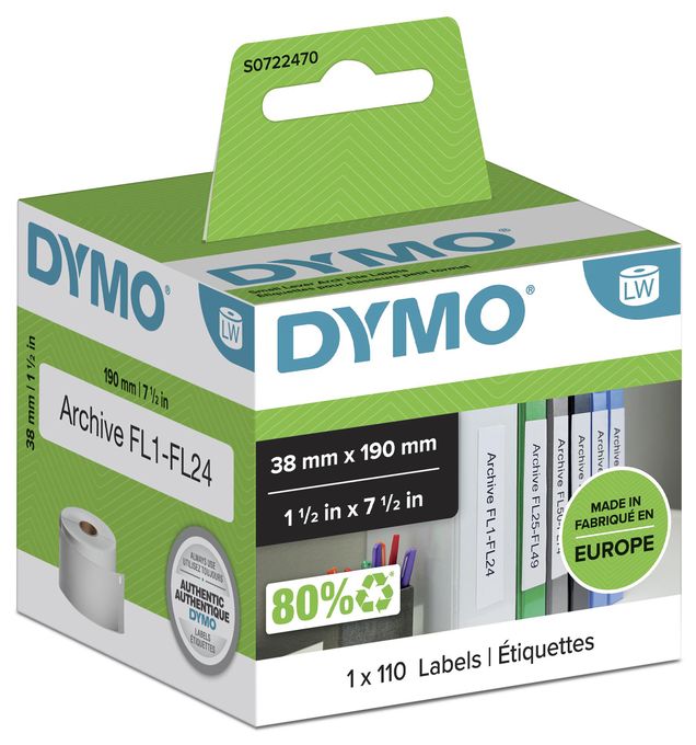 DYMO Original LabelWriter-Ordner-Etiketten | 38 mm x 190 mm | Rolle mit 110 leicht ablösbaren Etikettenband | selbstklebend | für LabelWriter Etikettendrucker und Beschriftungsgerät 