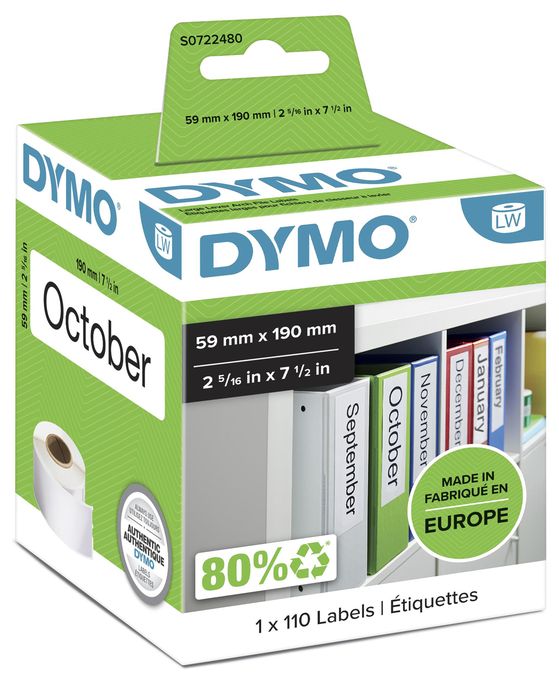 DYMO Original LabelWriter-Mehrzwecketiketten/große Ordnerrücken-Etiketten | 59 mm x 190 mm | Rolle mit 110 leicht ablösbaren Etiketten | selbstklebend | für LabelWriter Etikettendrucker 