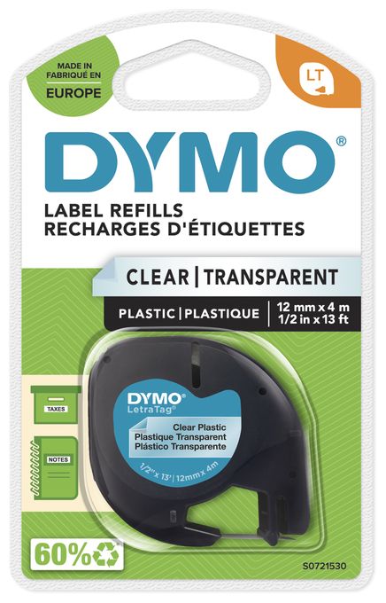 DYMO Original LetraTag Etikettenband | schwarz auf transparent | 12 mm x 4 m | selbstklebendes Kunststoff Schriftband | für LetraTag-Beschriftungsgerät 