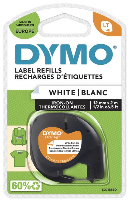 DYMO Original LetraTag Bügeletiketten | schwarz auf weiß | 12 mm x 2 m | Stoffetikettenband für LetraTag-Beschriftungsgerät 